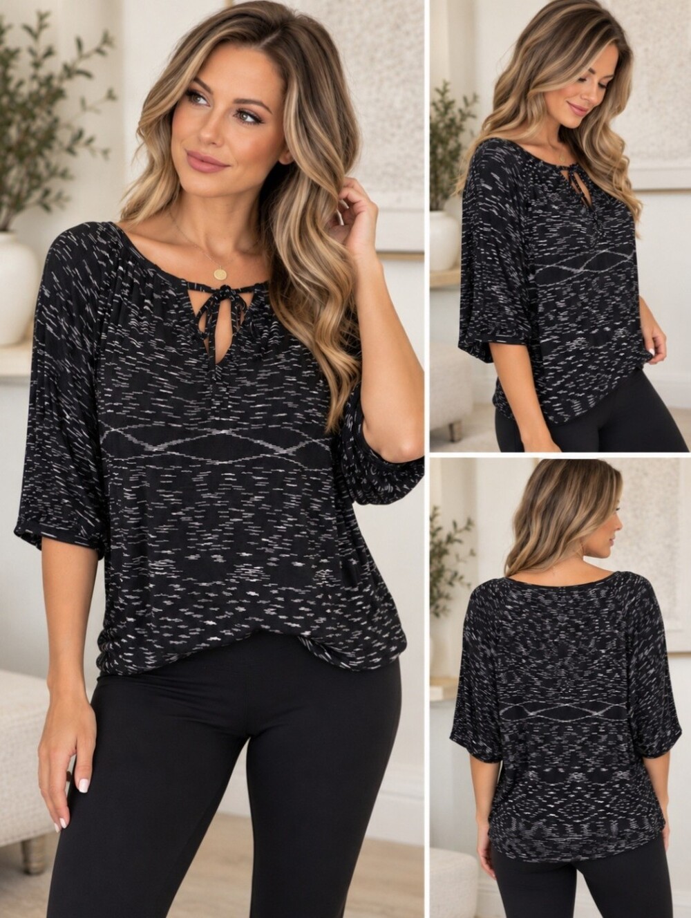 BCBG MAXAZRIA Black & White Knit Tie Neck Dolman Sleeve Blouse Top Small